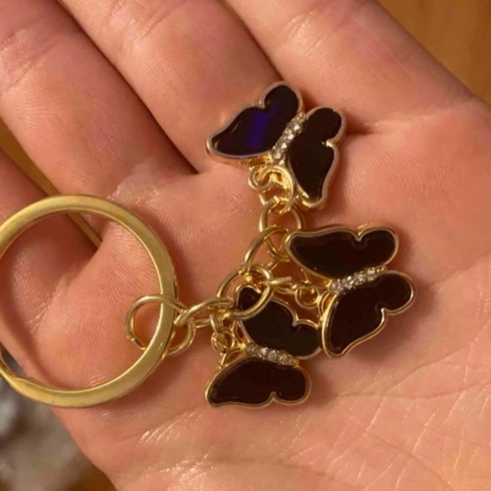 Black Butterflies Keyring Gold Rhinestone Triple Crystal Butterfly Keychain NEW - Picture 3 of 5